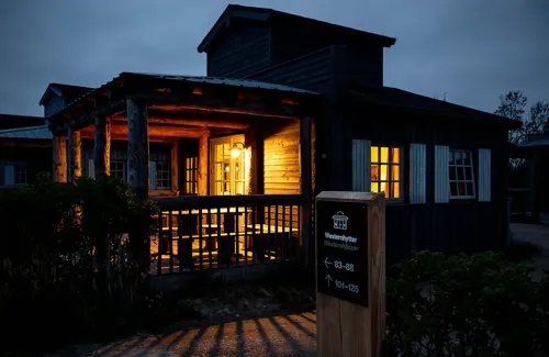 Hvidbjerg Strand Camping Resort Westernbyen Westernhytte Skiltning Aften